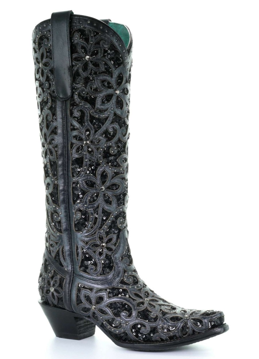 Corral * | Corral Boots Large Choice Corral Black Full Inlay And Studs Tall Top A3589