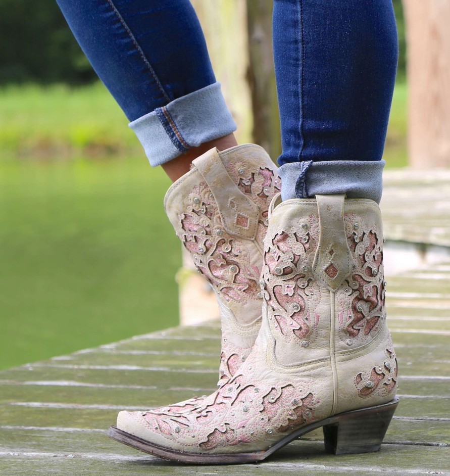 Corral * | Corral Boots Best Price Corral Pink Glitter Inlay And Crystals Ankle Boot A3558