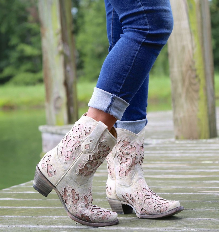 Corral * | Corral Boots Best Price Corral Pink Glitter Inlay And Crystals Ankle Boot A3558