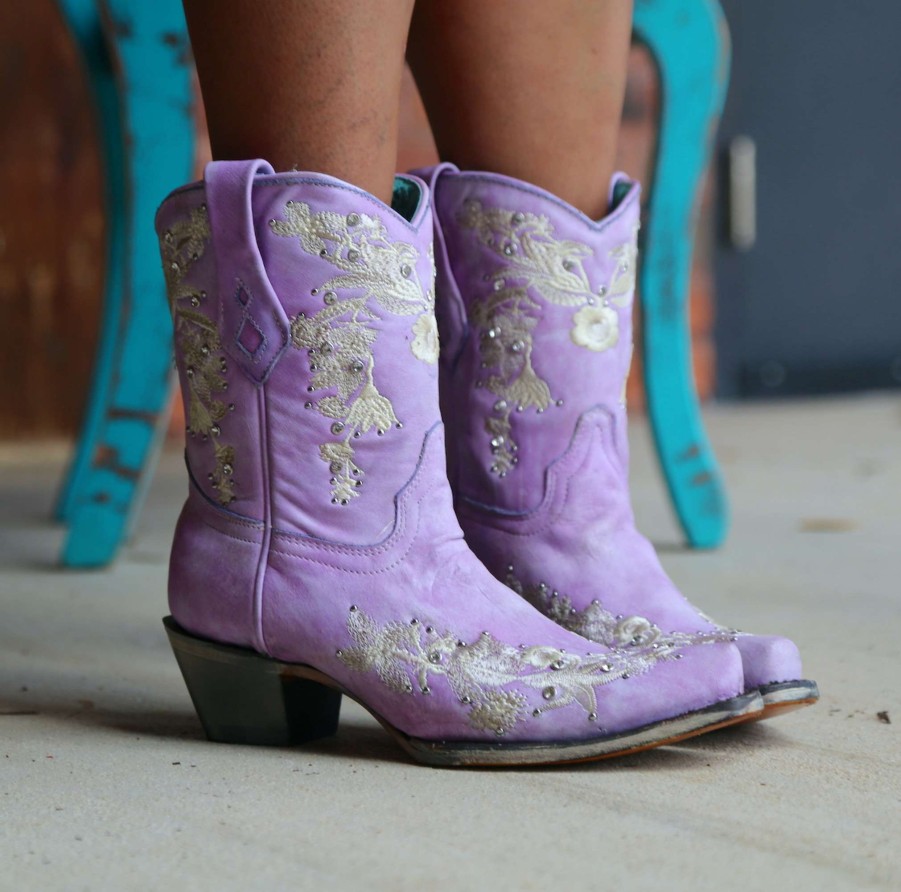 Corral * | Corral Boots Quick Delivery Corral Lilac Floral Embroidery Studs Crystals Ankle Boot A4317