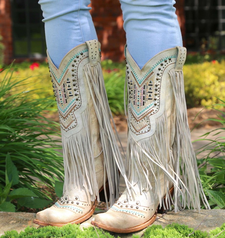 Corral * | Corral Boots Cut Price Corral Bone Swarovski Pattern Fringe C3424