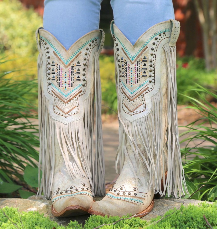 Corral * | Corral Boots Cut Price Corral Bone Swarovski Pattern Fringe C3424