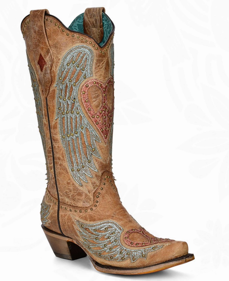 Corral * | Corral Boots Fire Sale Corral Sand Heart Wings Overlay Embroidery Studs A4235