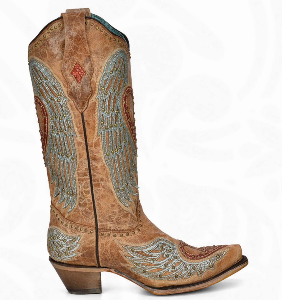 Corral * | Corral Boots Fire Sale Corral Sand Heart Wings Overlay Embroidery Studs A4235