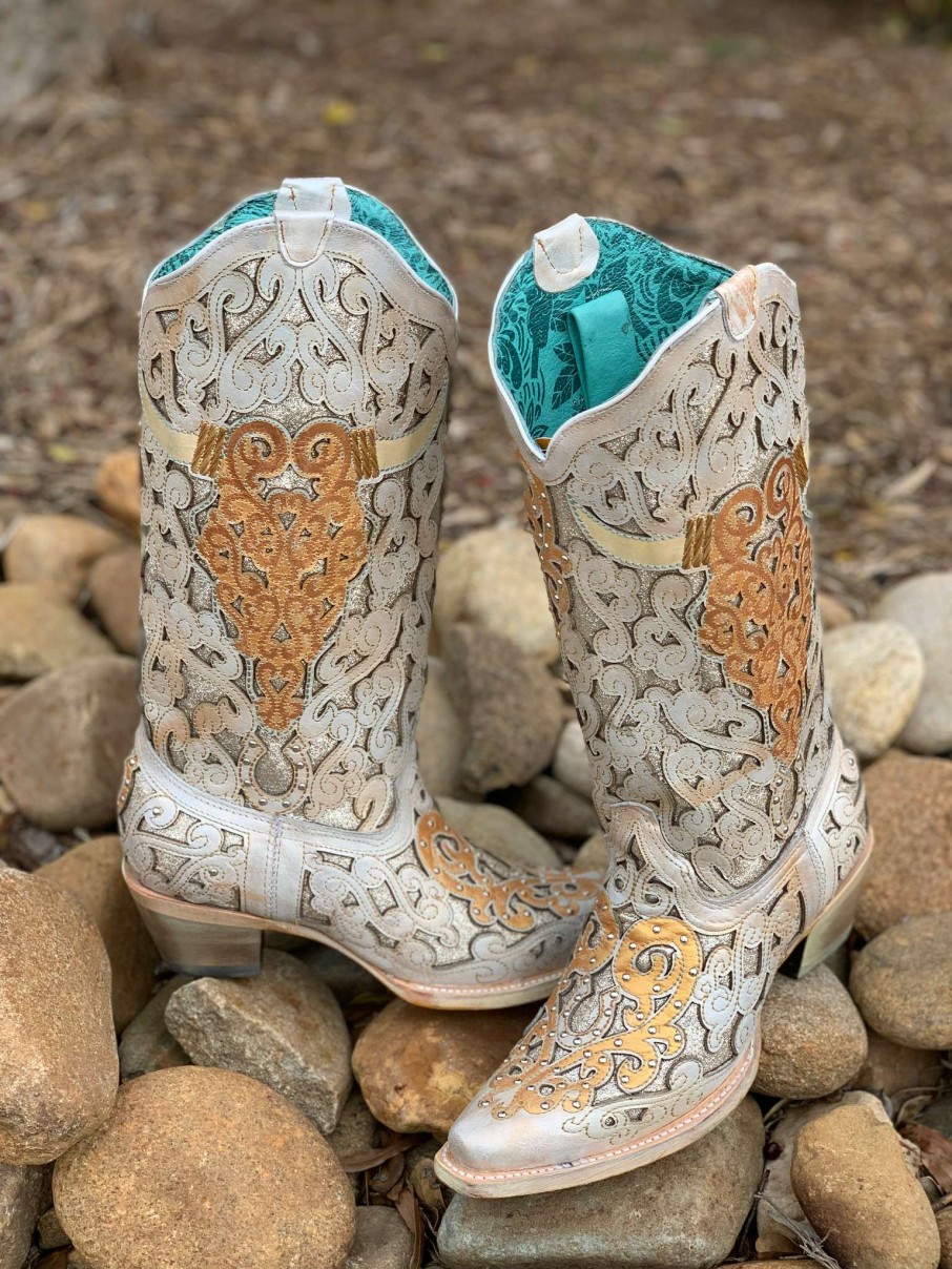 Corral * | Corral Boots Attractive Corral Bull Skull White Glitter Inlay Embroidery Studs A4408