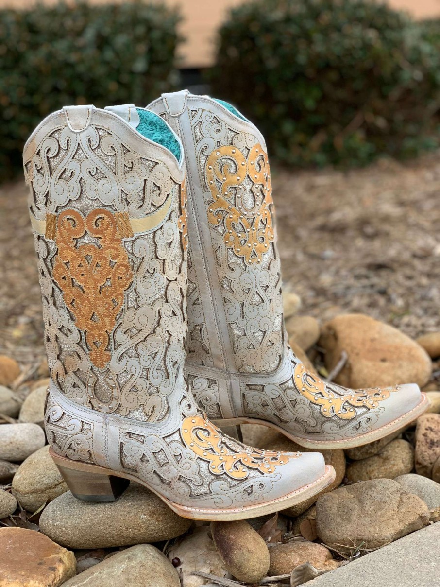 Corral * | Corral Boots Attractive Corral Bull Skull White Glitter Inlay Embroidery Studs A4408