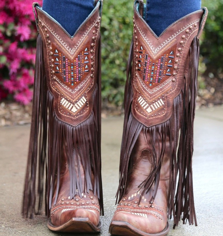 Corral * | Corral Boots Original Corral Cognac Multicolor Crystal Pattern And Fringe C2929