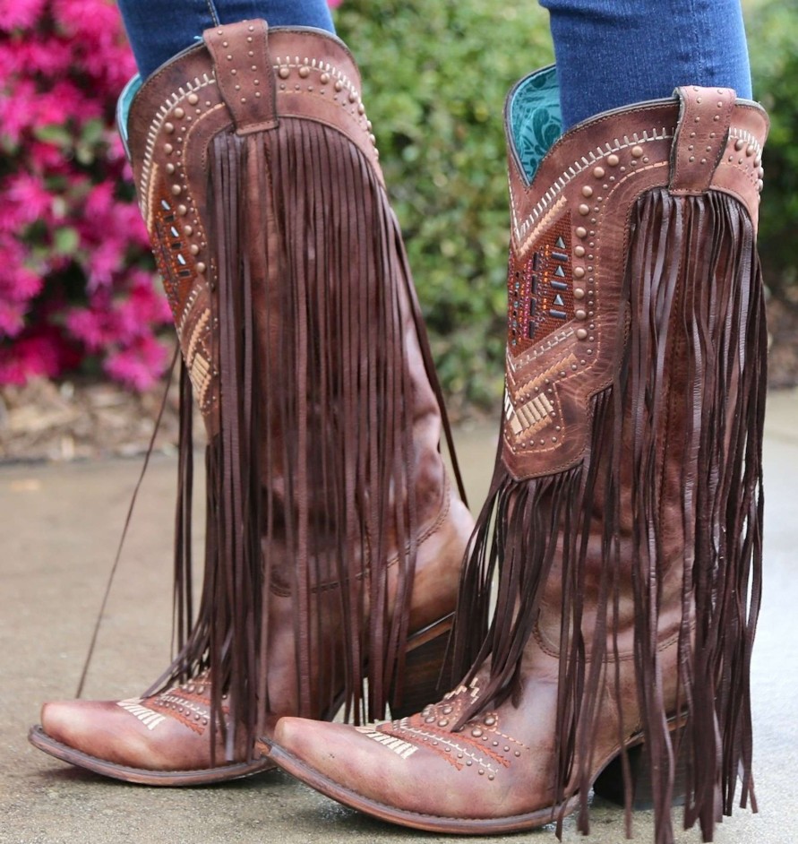 Corral * | Corral Boots Original Corral Cognac Multicolor Crystal Pattern And Fringe C2929