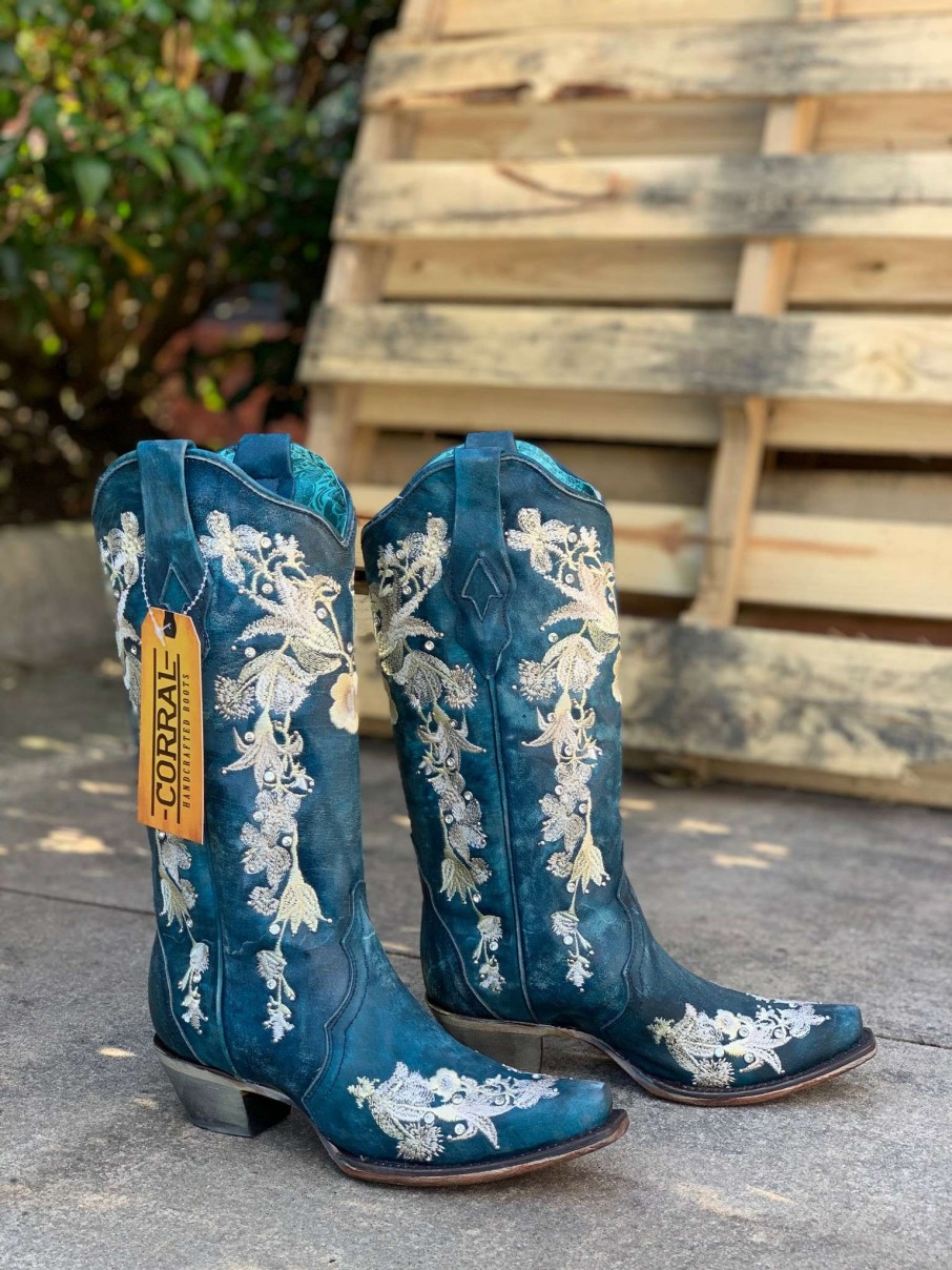 Corral * | Corral Boots Cut Price Corral Navy Blue Flower Embroidery Crystal Studs A4361