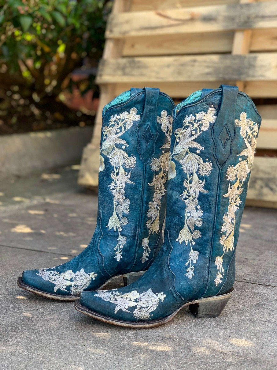 Corral * | Corral Boots Cut Price Corral Navy Blue Flower Embroidery Crystal Studs A4361