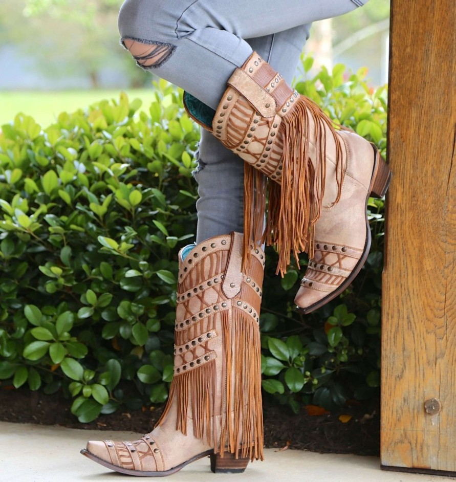 Corral * | Corral Boots Online Sales Corral Tan Fringed Layers And Studs C2988