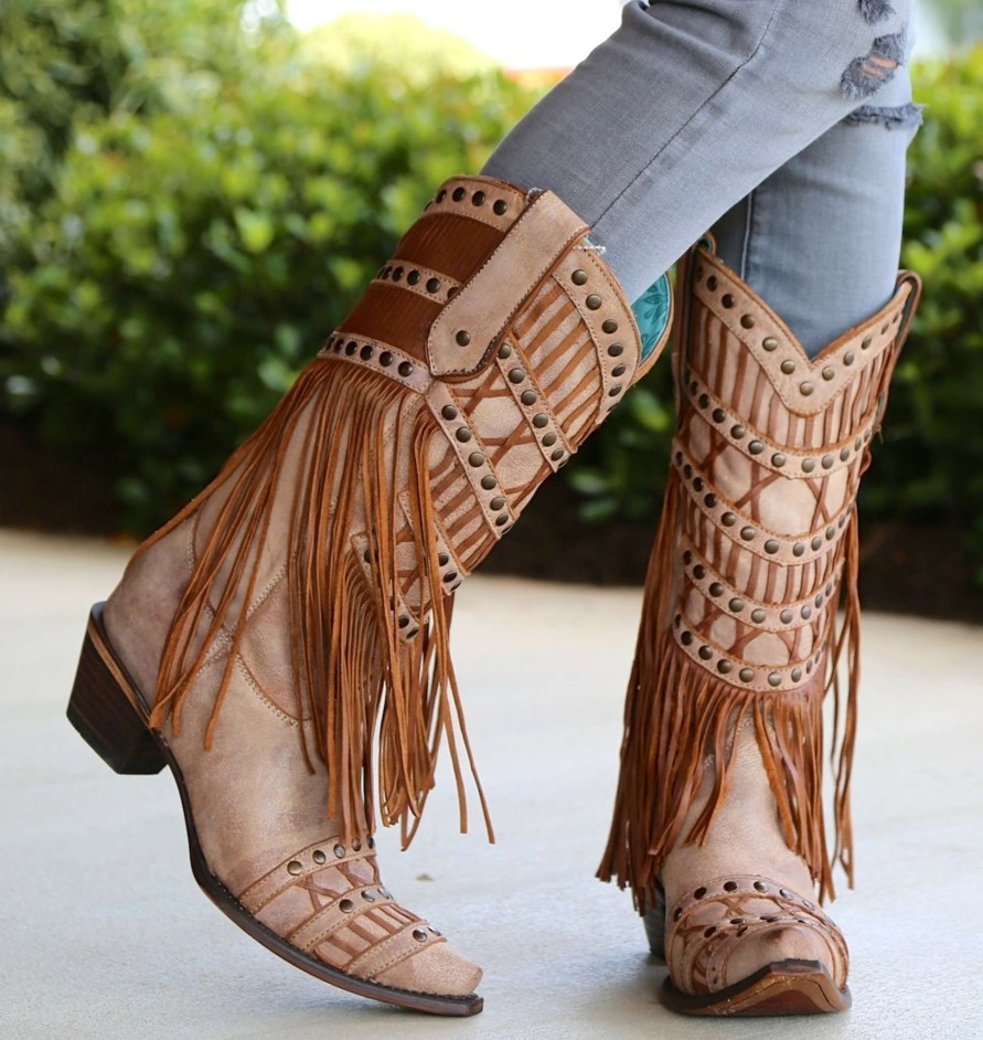 Corral * | Corral Boots Online Sales Corral Tan Fringed Layers And Studs C2988