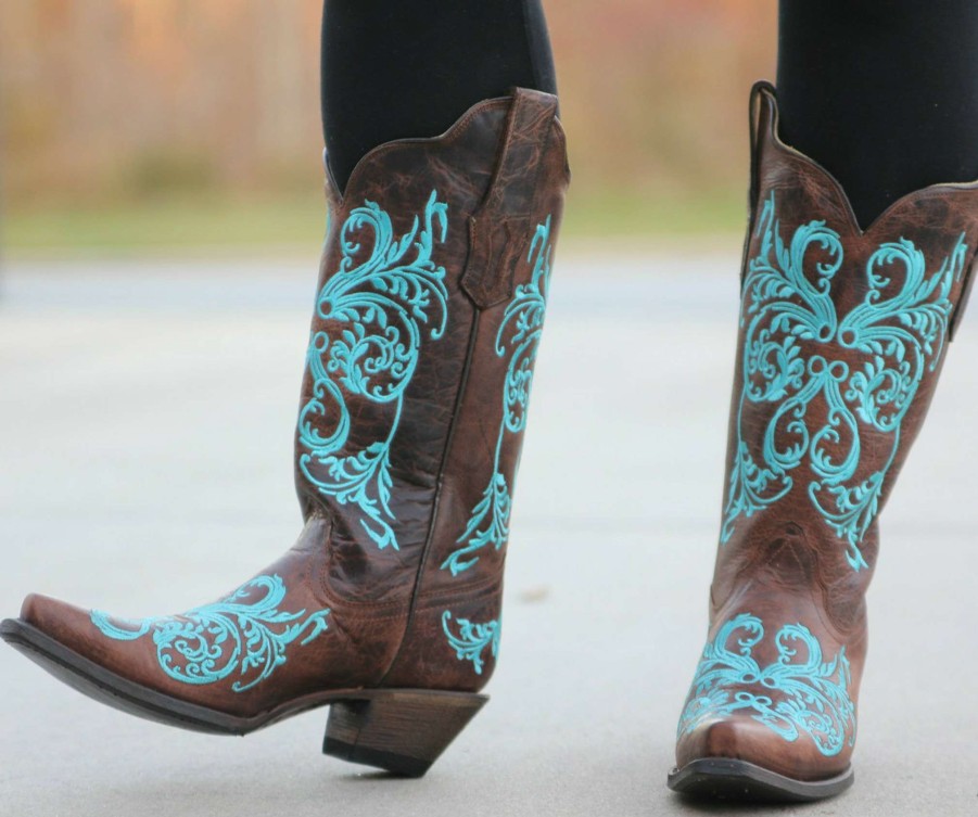 Corral * | Corral Boots Best-Selling Corral Brown/Turquoise Dahlia Embroidery R1193