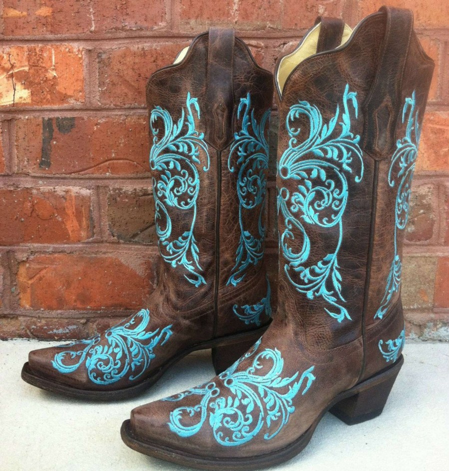 Corral * | Corral Boots Best-Selling Corral Brown/Turquoise Dahlia Embroidery R1193