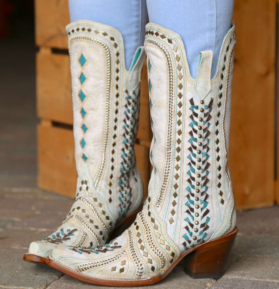 Corral * | Corral Boots Discounts Corral White Inlay Turquoise Gold Embroidery Woven C3542