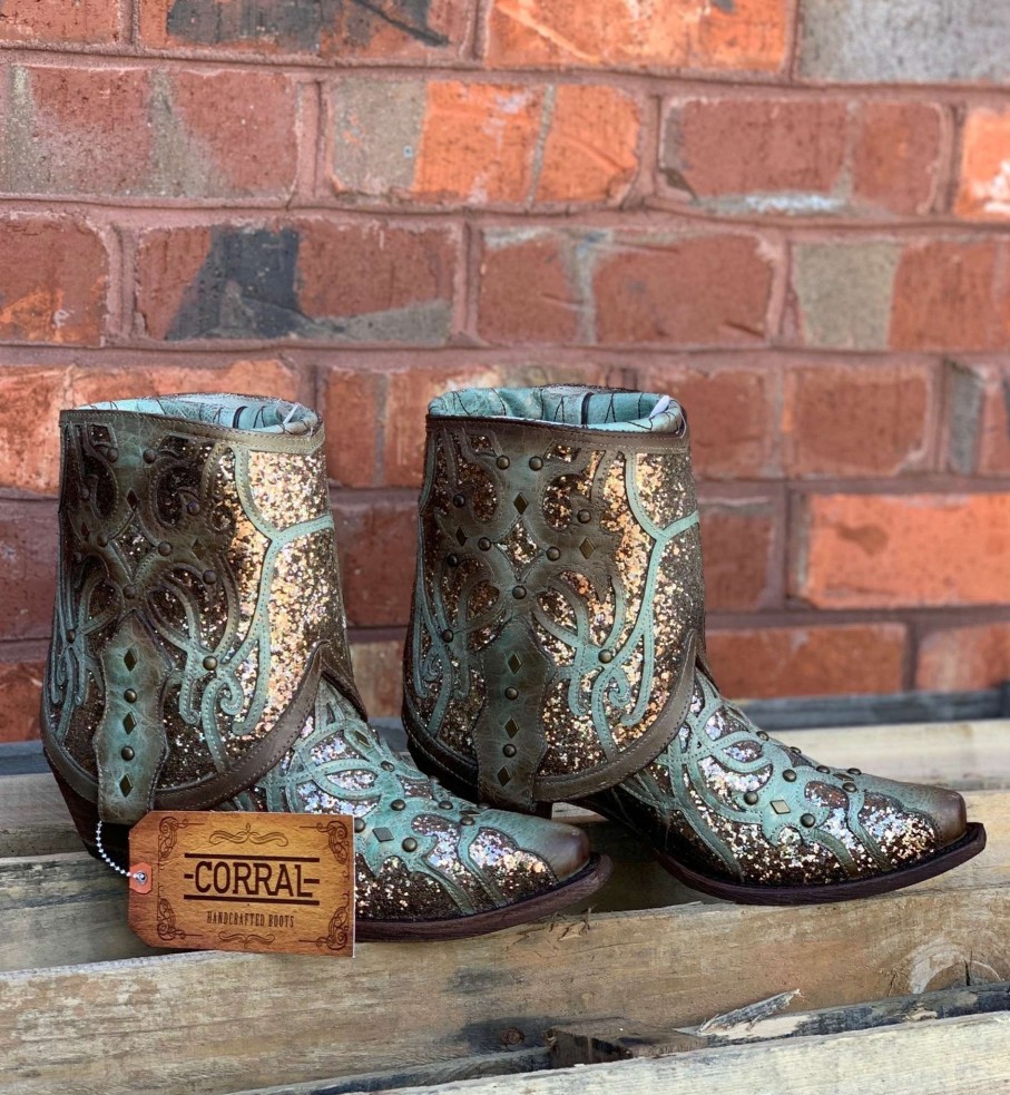 Corral * | Corral Boots Gift Selection Corral Mint Flipped Shaft Glitter Ankle Boot C3433