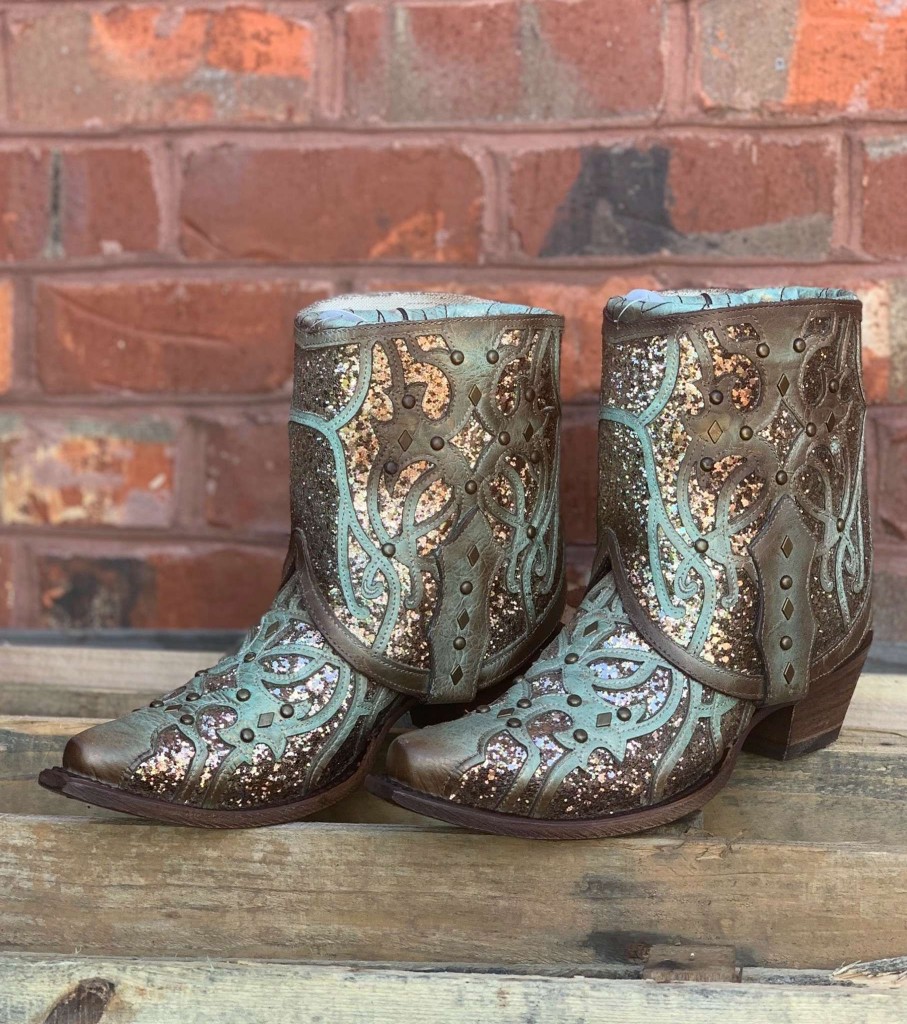 Corral * | Corral Boots Gift Selection Corral Mint Flipped Shaft Glitter Ankle Boot C3433