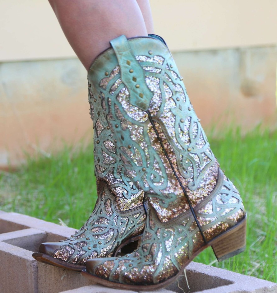 Corral * | Corral Boots Gift Selection Corral Mint Glittered Inlay And Studs Snip Toe C3332