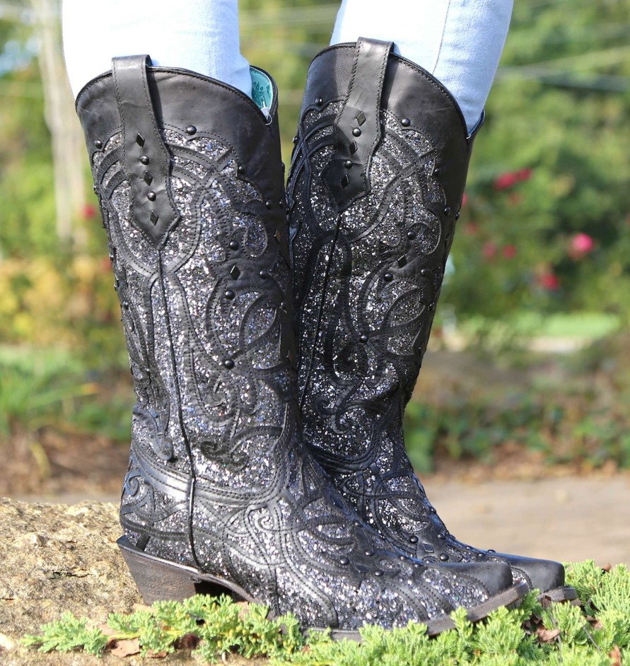 Corral * | Corral Boots Typical Style Corral Black Glitter Inlay And Studs Snip Toe C3423