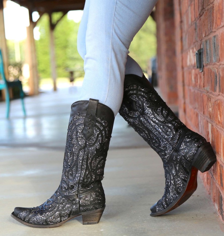 Corral * | Corral Boots Typical Style Corral Black Glitter Inlay And Studs Snip Toe C3423