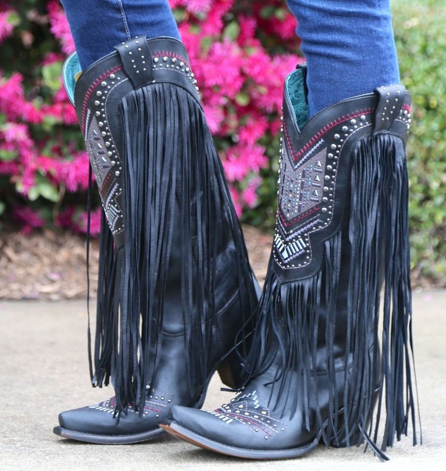 Corral * | Corral Boots Fire Sale Corral Black Multicolor Crystal Pattern And Fringe C2951