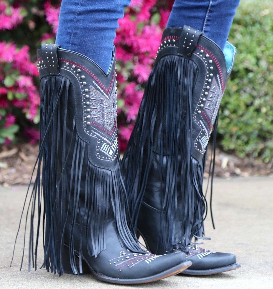 Corral * | Corral Boots Fire Sale Corral Black Multicolor Crystal Pattern And Fringe C2951