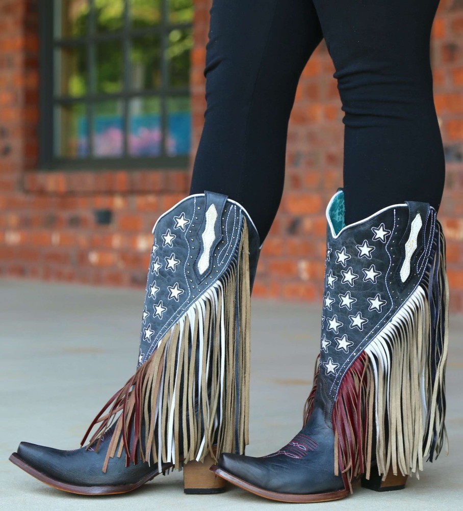 Corral * | Corral Boots Quick Delivery Corral Navy Blue Lamb Stars Inlay Studs And Fringe C3749