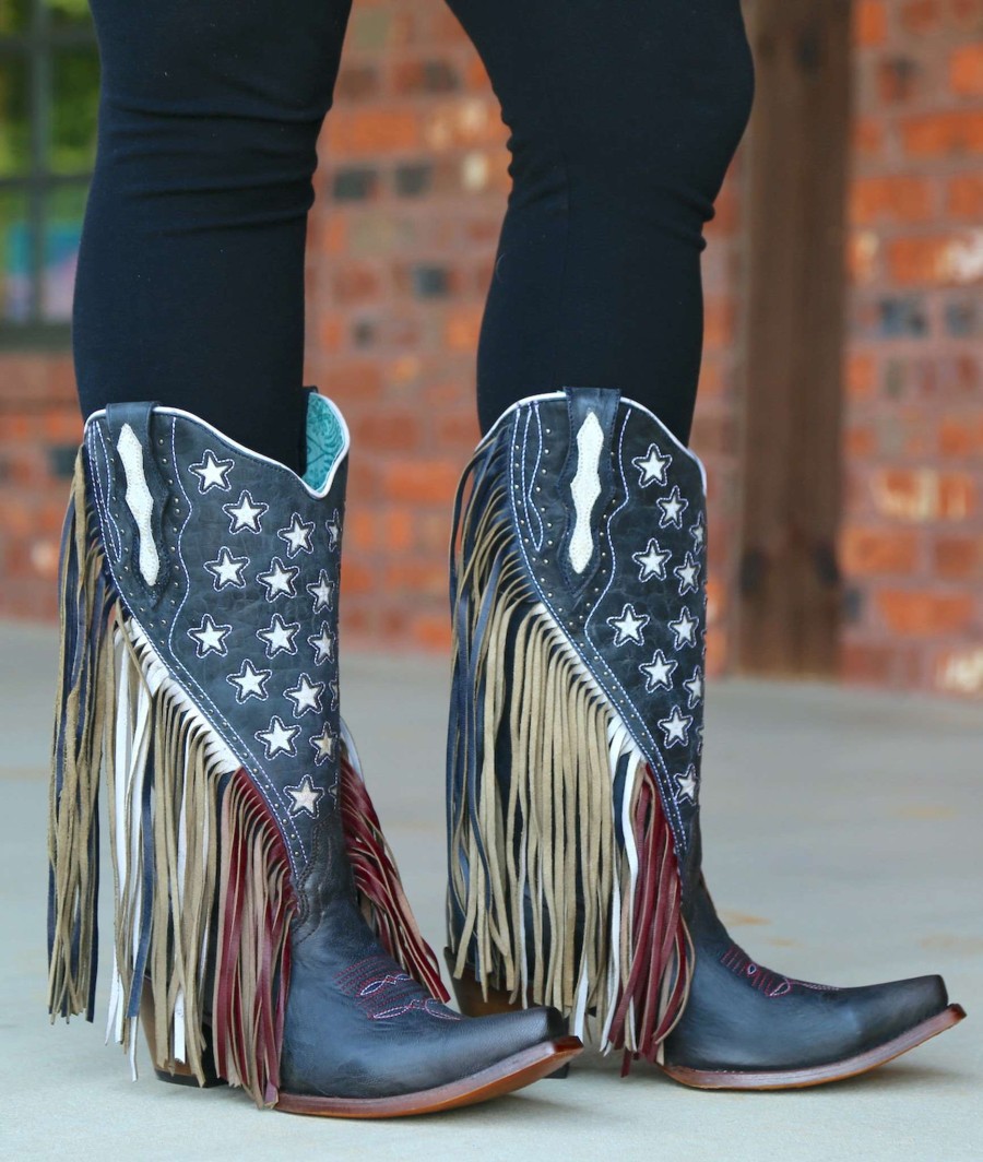 Corral * | Corral Boots Quick Delivery Corral Navy Blue Lamb Stars Inlay Studs And Fringe C3749