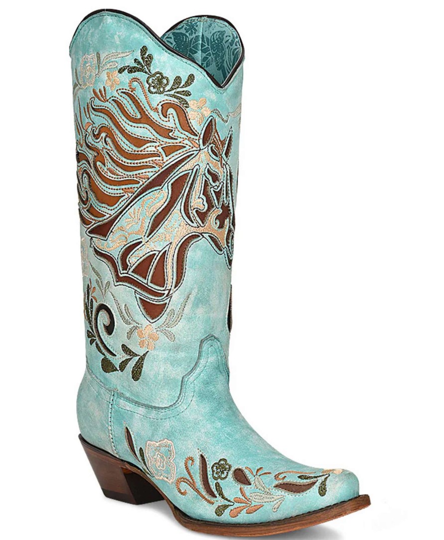 Corral * | Corral Boots Promotions Corral Aqua Horse Inlay Embroidery Iridescent A4372