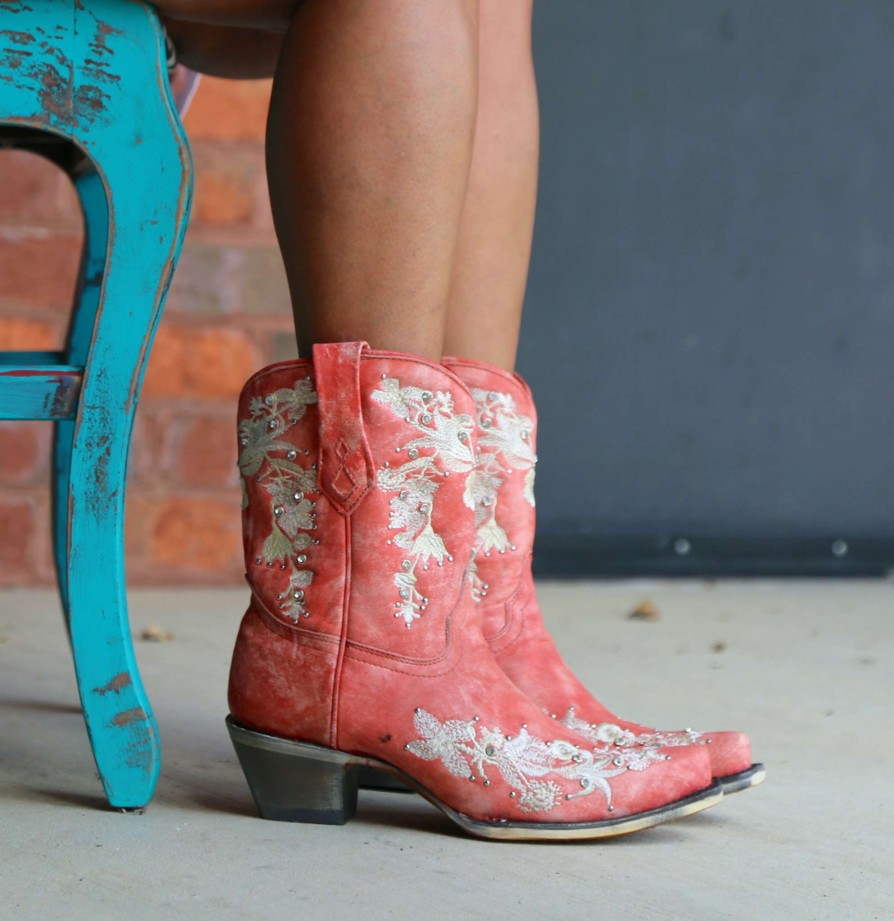 Corral * | Corral Boots Official Corral Coral Floral Embroidery Studs Crystals Ankle Boot A4315