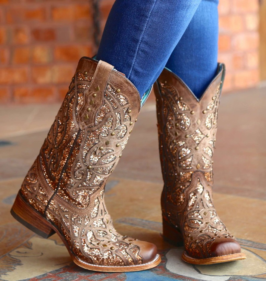 Corral * | Corral Boots Discounts Corral Orix Glittered Inlay And Studs Square Toe C3275