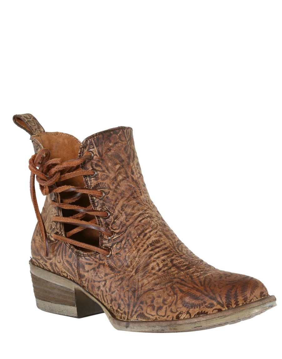 Corral * | Corral Boots Quick Delivery Corral Brown Engraved And Laces Round Toe Ankle Boot Q5004