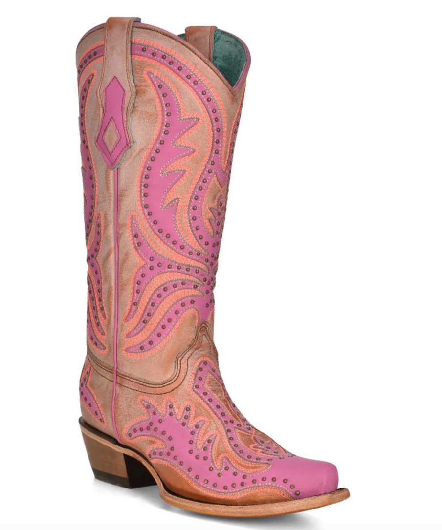 Corral * | Corral Boots Fire Sale Corral Pink Neon Overlay Fluorescent Embroidery Studs C3970