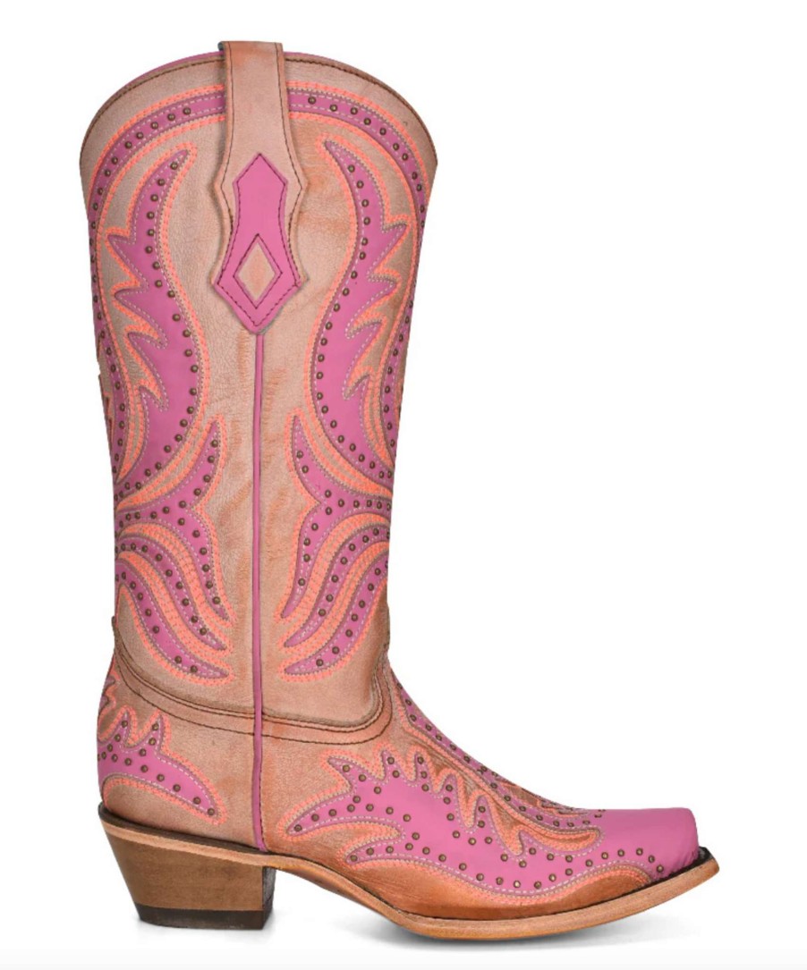 Corral * | Corral Boots Fire Sale Corral Pink Neon Overlay Fluorescent Embroidery Studs C3970