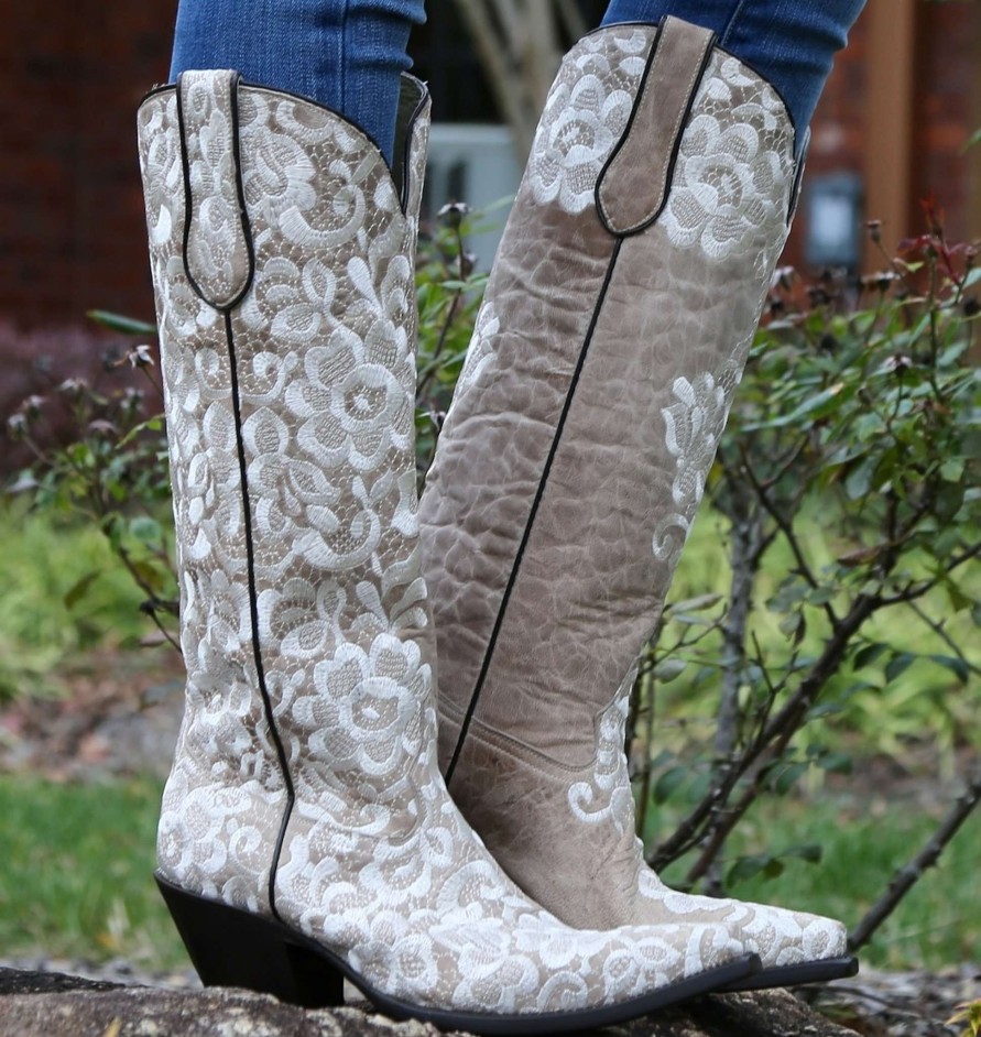 Corral * | Corral Boots Cut Price Corral Bone Tall Lace Embroidery G1128