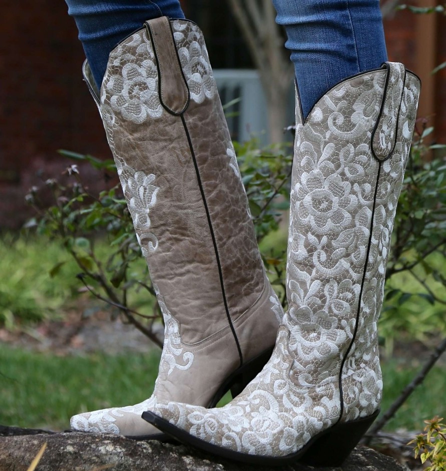 Corral * | Corral Boots Cut Price Corral Bone Tall Lace Embroidery G1128