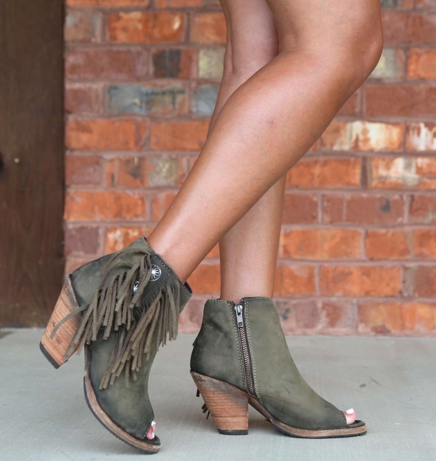 Liberty Black * | Liberty Black Boots Promotions Liberty Black Military Green Concho Fringe Peep Lb712807