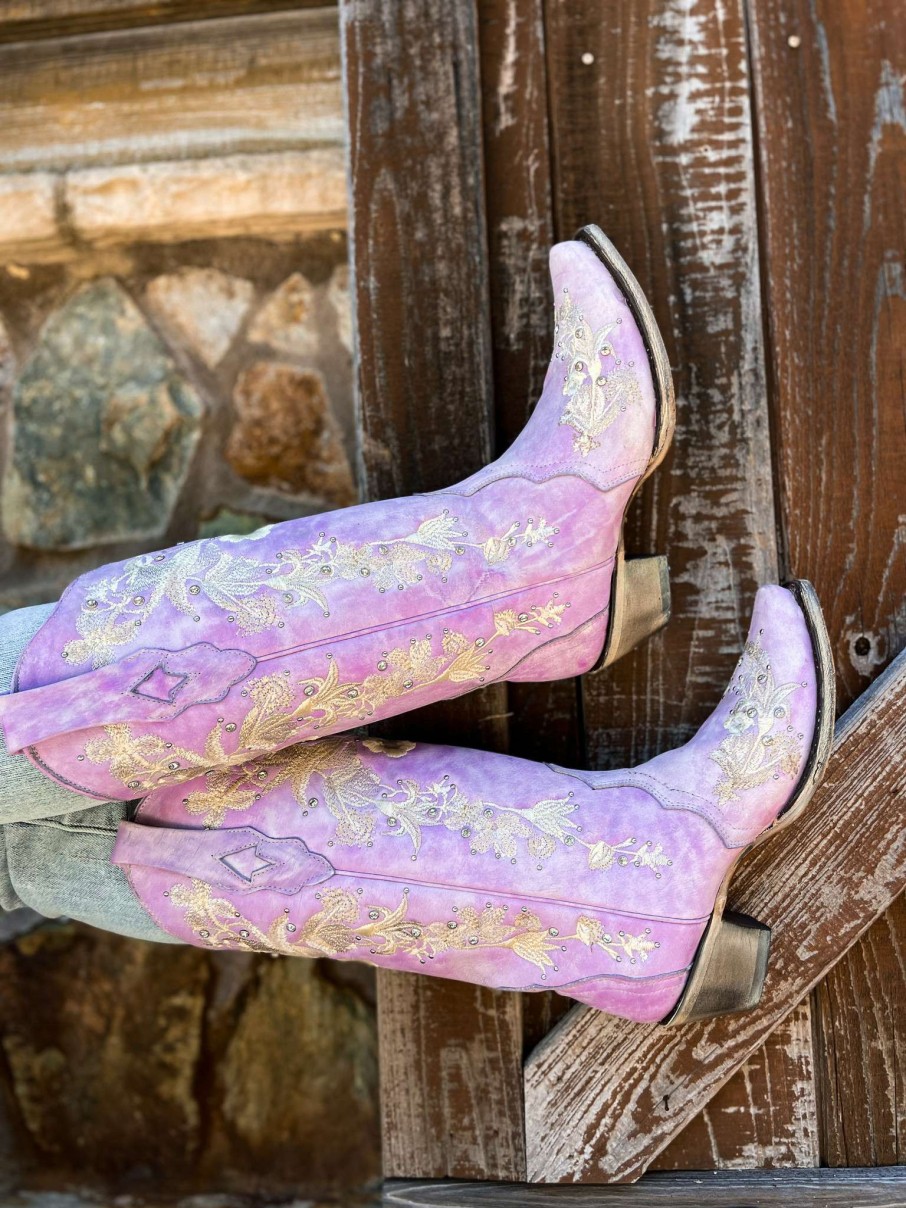 Corral * | Corral Boots Promotions Corral Lilac Flower Embroidery Crystal Studs A4241