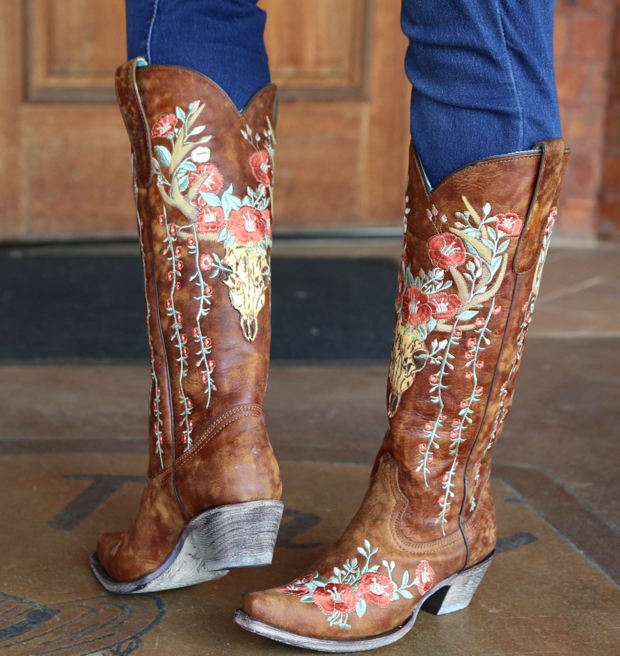 Corral * | Corral Boots Hot Sell Corral Tan Deer Skull And Floral Embroidery A3620