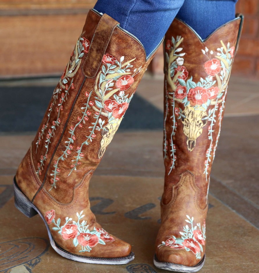 Corral * | Corral Boots Hot Sell Corral Tan Deer Skull And Floral Embroidery A3620