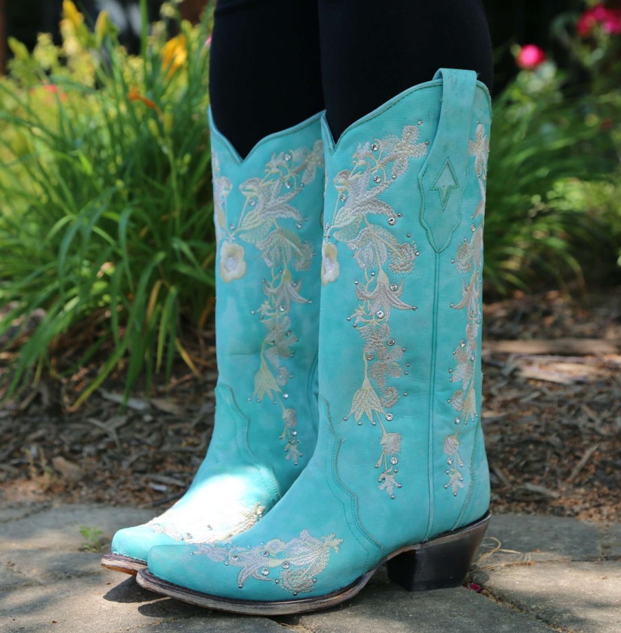 Corral * | Corral Boots Discounts Corral Turquoise Flower Embroidery Crystal Studs A4239