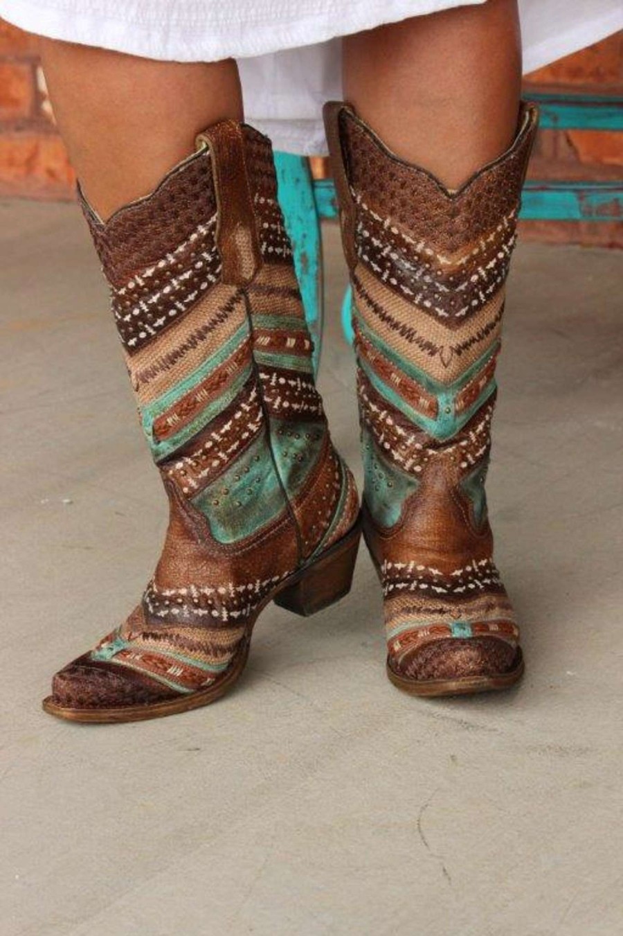 Corral * | Corral Boots Typical Style Corral Turquoise Brown Embroidery And Studs A3381