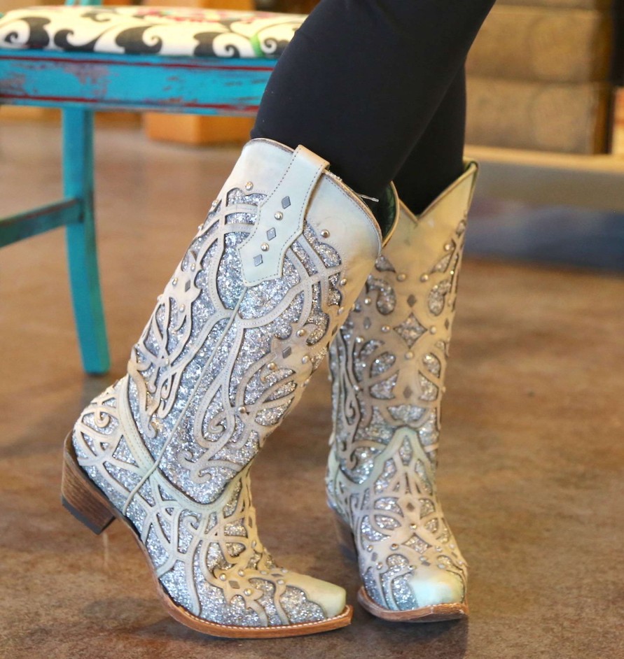 Corral * | Corral Boots Hot Sale Corral White Turquoise Glitter Chameleon C3377