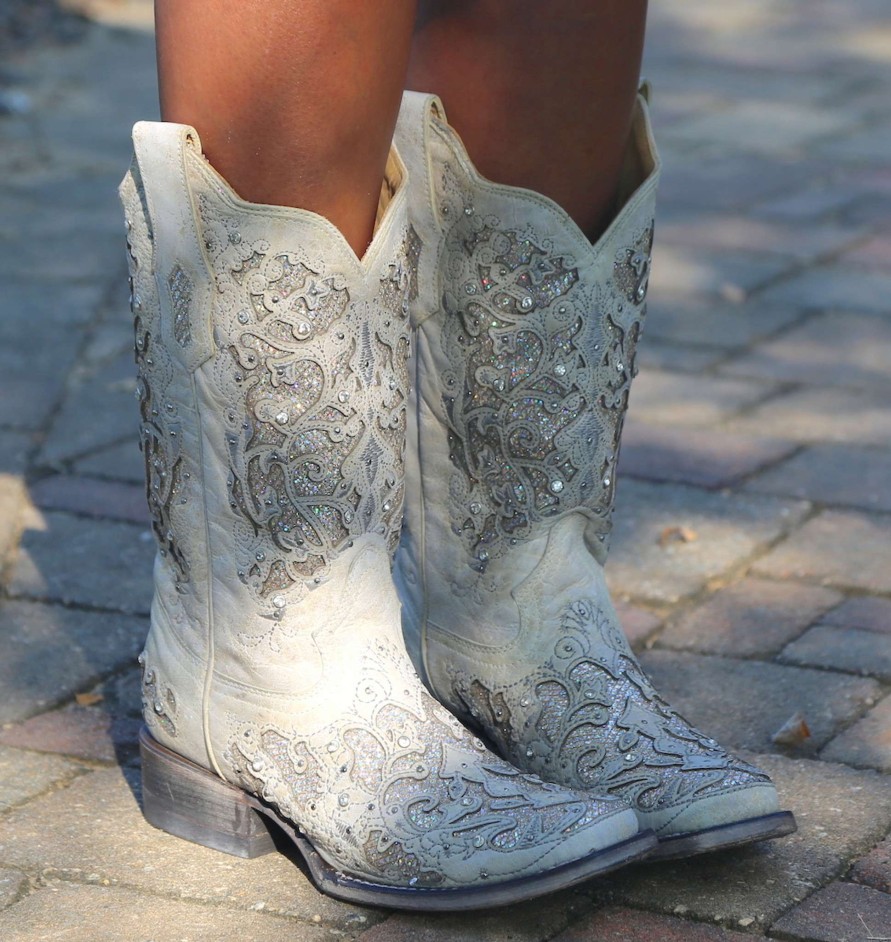 Corral * | Corral Boots Typical Style Corral White Glitter Inlay And Crystals Square Toe A3397