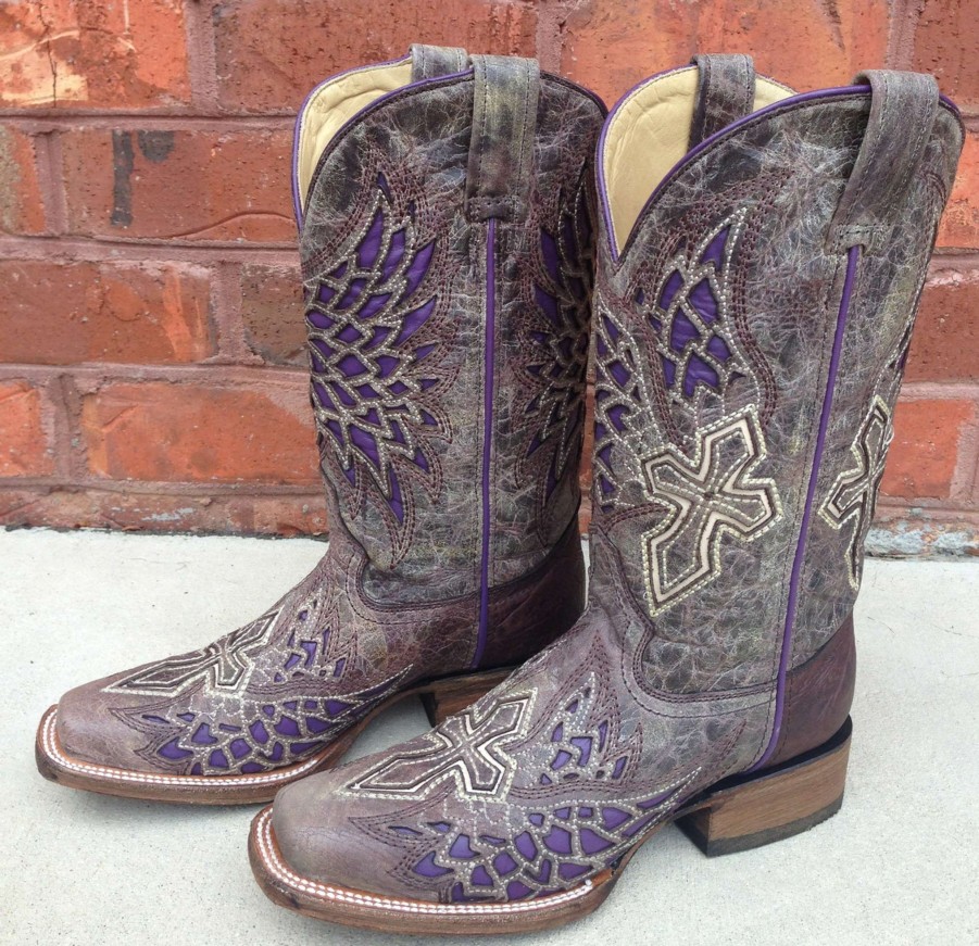 Corral * | Corral Boots Online Sales Corral Brown/Purple Wing And Cross A2646