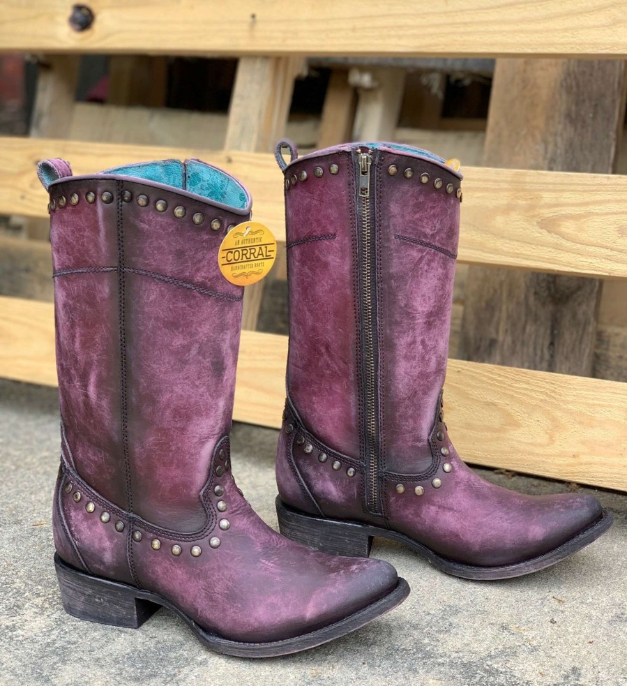 Corral * | Corral Boots Large Choice Corral Distressed Wine Zipper And Studs C3675