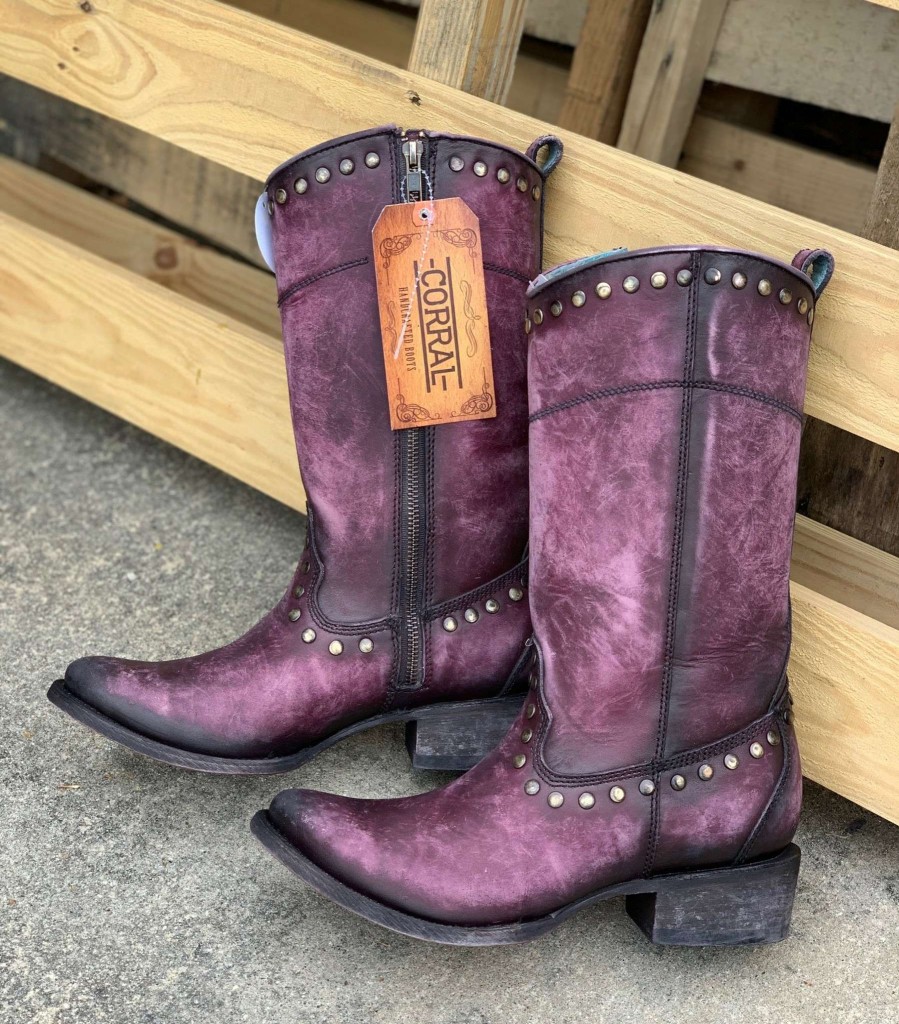 Corral * | Corral Boots Large Choice Corral Distressed Wine Zipper And Studs C3675