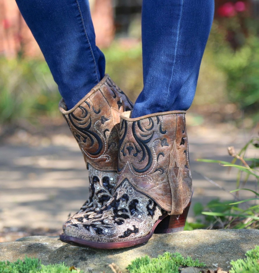 Corral * | Corral Boots Discounts Corral Brown Glitter Flipped Shaft Ankle Boot A3691