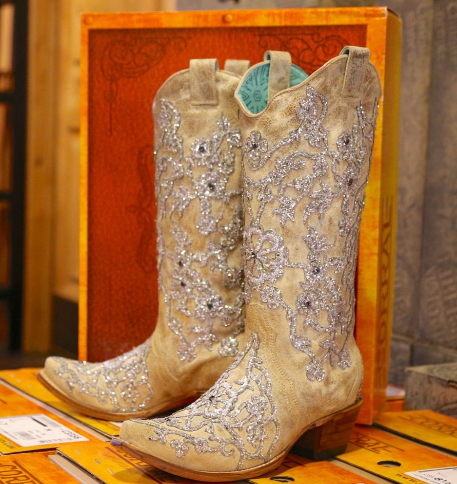 Corral * | Corral Boots Discounts Corral Bone Glitter Overlay Embroidery And Crystals C3356