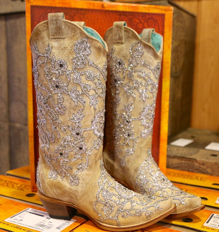 Corral * | Corral Boots Discounts Corral Bone Glitter Overlay Embroidery And Crystals C3356